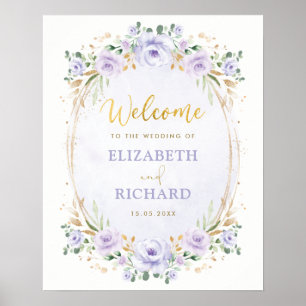 Elegantes lila-goldenes Blumenhochzeits-Willkommen Poster