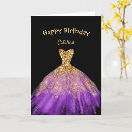 Elegantes Lila Goldkleid Black Birthday Karte