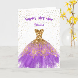 Elegantes Lila Goldkleid Geburtstag Karte