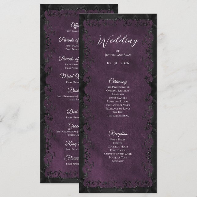 Elegantes lila gotisches Hochzeitsprogramm Menükarte (Vorne/Hinten)