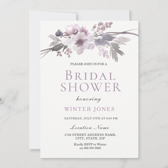 Elegantes Lila Gray Winter Blume Brautparty Einladung (Vorderseite)