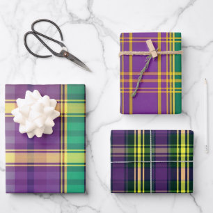 Elegantes Lila, Grün und Gold Karo im Mardi-Gras-S Geschenkpapier Set