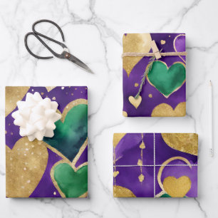Elegantes Lila, grünes und goldenes Herz Mardi Gra Geschenkpapier Set