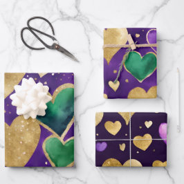 Elegantes Lila, grünes und goldenes Herz Mardi Gra Geschenkpapier Set