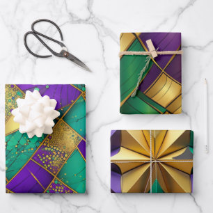 Elegantes lila, grünes und goldenes Mardi-Gras-Abs Geschenkpapier Set