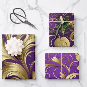 Elegantes lila, grünes und goldenes Mardi-Gras-Blu Geschenkpapier Set