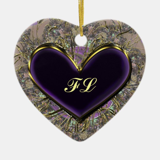 Elegantes lila Herz-mit Monogramm Verzierung Keramikornament (Vorne)
