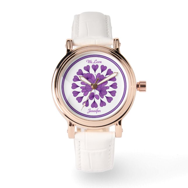 Elegantes lila Herzmotiv mit persönlichem Text Armbanduhr (Vorderseite)