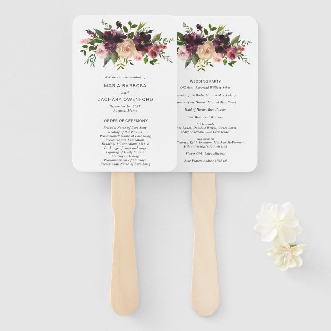 Elegantes Lila Hochzeitsprogramm für Burgund Fächer (Vorne und Hinten)