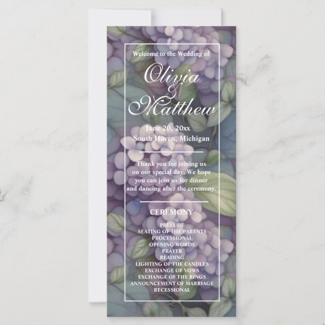 Elegantes lila Hochzeitsprogramm für Wasserfarben (Vorderseite)