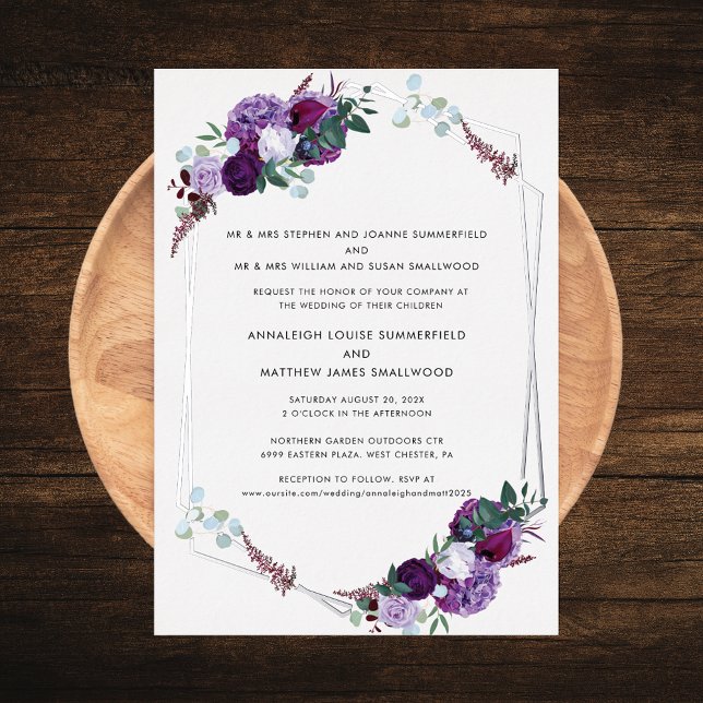 Elegantes Lila Hochzeitssilber Folieneinladung (Purple Floral Silver Foil Geometric Parents Names Wedding Invitation)