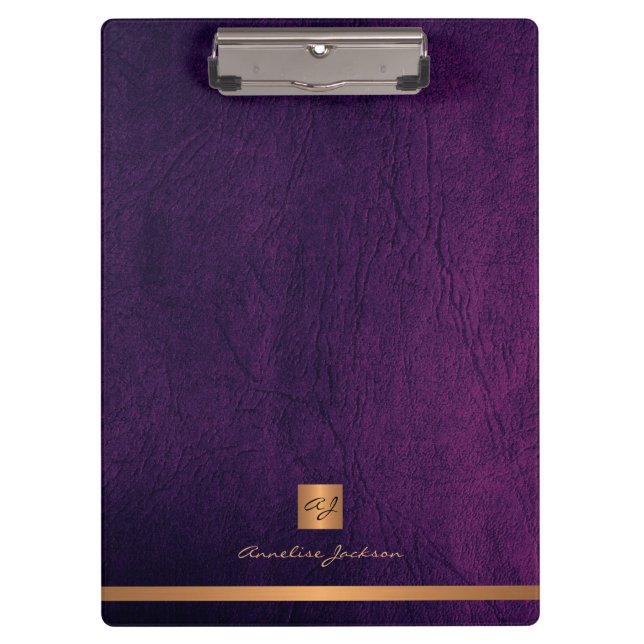 Elegantes lila Ledergold mit Monogramm Klemmbrett (Vorderseite)