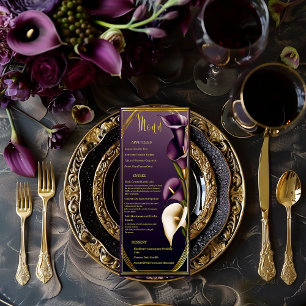 Elegantes Lila Lila und Gold Calla-Lilien-Hochzeit Menükarte