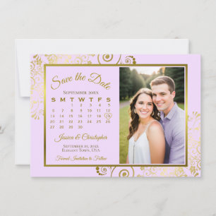 Elegantes Lila Lila und Gold Kalender Foto Hochzei Save The Date