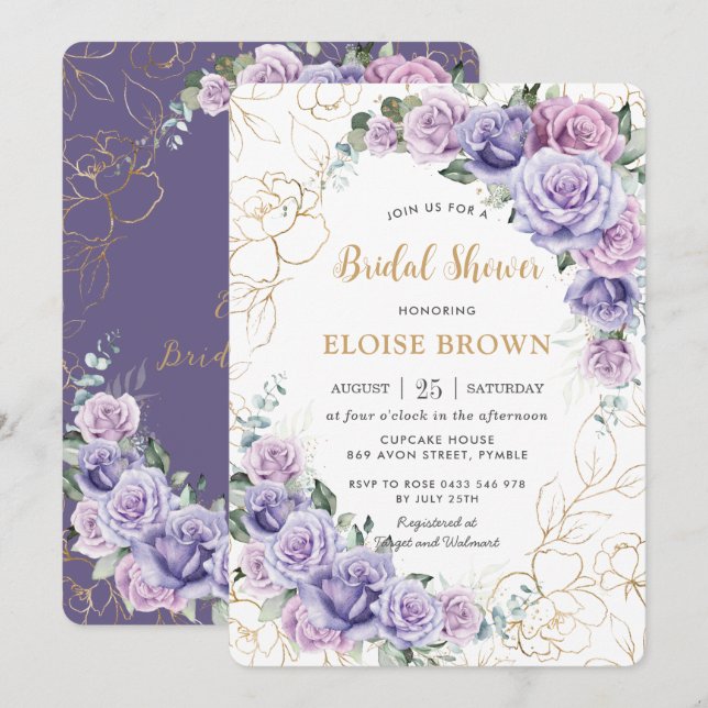 Elegantes Lila Lilac Lavender Rose Brautparty Einladung (Vorne/Hinten)