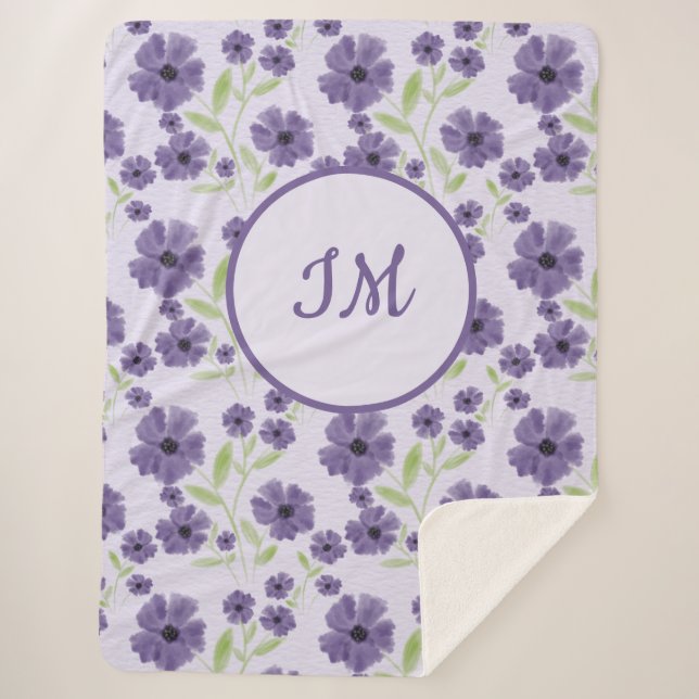 Elegantes Lila Monogramm-Muster Sherpadecke (Vorderseite)