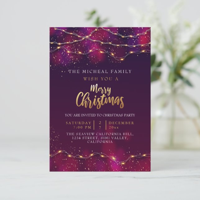Elegantes Lila Neon Custom Weihnachtsgeschenk Einladung (Stehend Vorderseite)