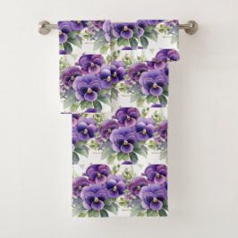 Elegantes Lila Pansy Stiefmütterchen Blumenhandtuc Badhandtuch Set