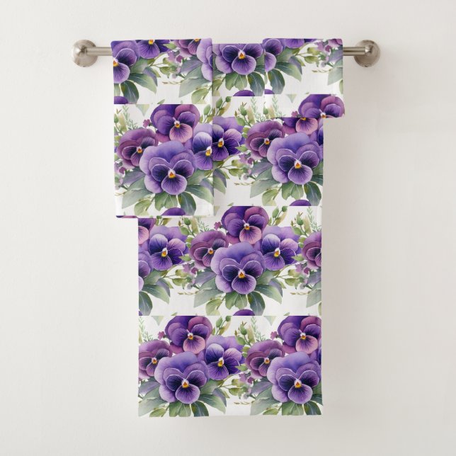Elegantes Lila Pansy Stiefmütterchen Blumenhandtuc Badhandtuch Set (Insitu)