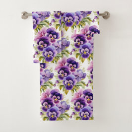 Elegantes Lila Pansy Stiefmütterchen Blumenhandtuc Badhandtuch Set