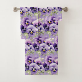 Elegantes Lila Pansy Stiefmütterchen Blumenhandtuc Badhandtuch Set