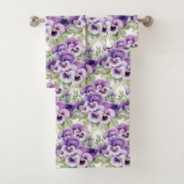 Elegantes Lila Pansy Stiefmütterchen Blumenhandtuc Badhandtuch Set