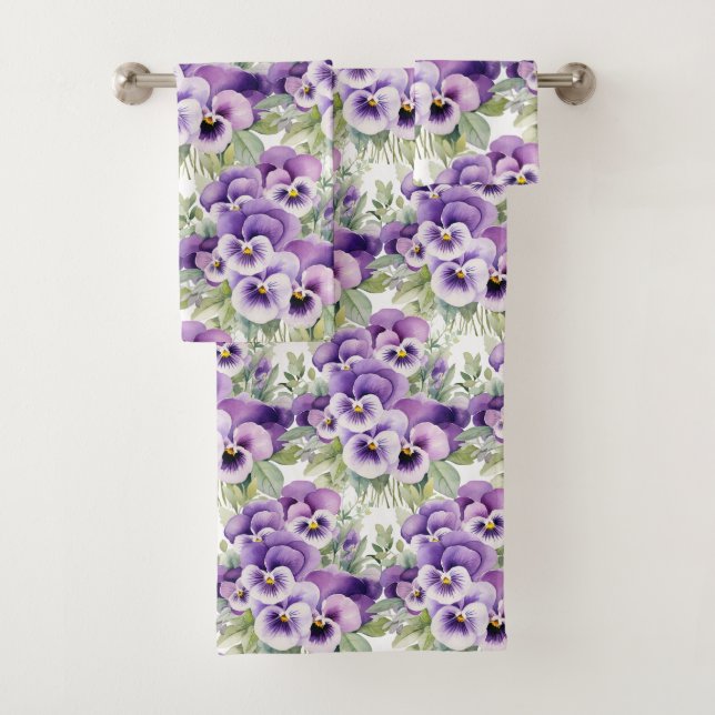 Elegantes Lila Pansy Stiefmütterchen Blumenhandtuc Badhandtuch Set (Insitu)