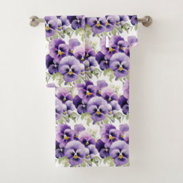 Elegantes Lila Pansy Stiefmütterchen Blumenhandtuc Badhandtuch Set