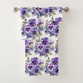 Elegantes Lila Pansy Stiefmütterchen Blumenhandtuc Badhandtuch Set