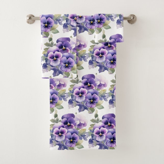 Elegantes Lila Pansy Stiefmütterchen Blumenhandtuc Badhandtuch Set (Insitu)