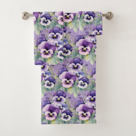 Elegantes Lila Pansy Stiefmütterchen Blumenhandtuc Badhandtuch Set