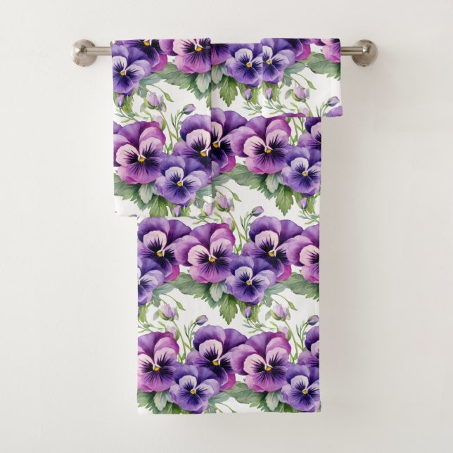 Elegantes Lila Pansy Stiefmütterchen Blumenhandtuc Badhandtuch Set (Insitu)