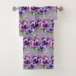 Elegantes Lila Pansy Stiefmütterchen Blumenhandtuc Badhandtuch Set