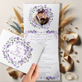 Elegantes Lila Peony Floral Wedding Tri-Fold Foto Dreifach Gefaltete Einladung