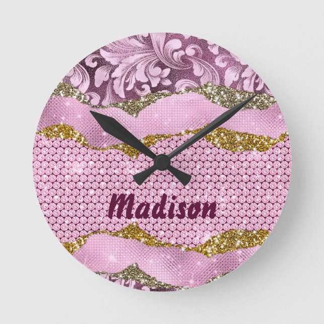 Elegantes, Lila-pinkfarbenes Monogramm aus Blüteng Runde Wanduhr (Vorderseite)
