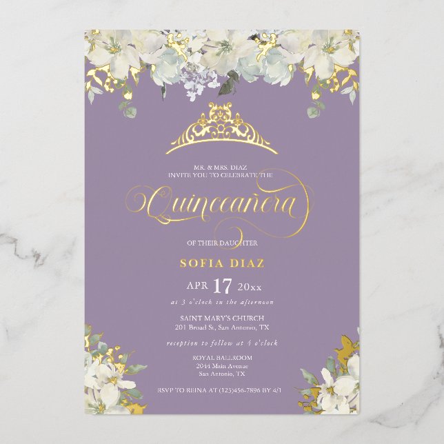 Elegantes Lila Quinceañera Floral Gold Folieneinladung (Vorderseite)