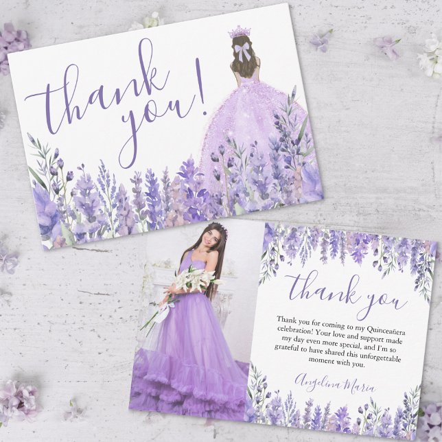 Elegantes Lila Quinceñera Foto Dankeskarte (Elegant Floral Purple Quinceañera Photo Thank You Card)