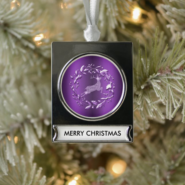 Elegantes Lila Reindeer Weihnachten Banner-Ornament Silber (Baum)