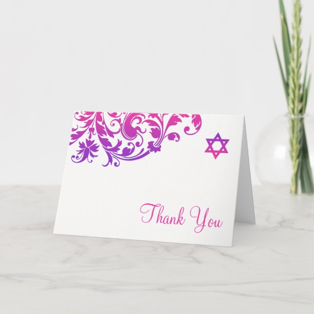 Elegantes lila Rosa blühen Schläger, den Mitzvah Dankeskarte (Vorderseite)