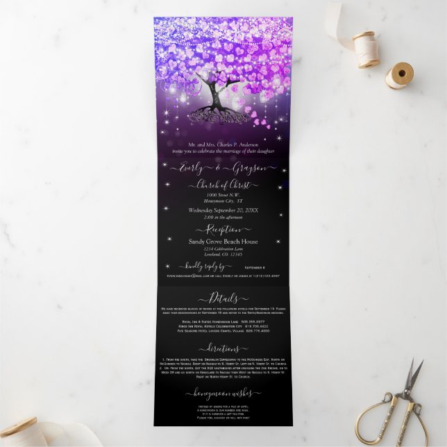Elegantes Lila Rosa Herzleder Hochzeit Tri-Fold Dreifach Gefaltete Einladung (Innenseite)