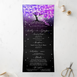 Elegantes Lila Rosa Herzleder Hochzeit Tri-Fold Dreifach Gefaltete Einladung