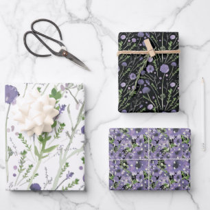 Elegantes Lila Schwarz-Blütenmuster Geschenkpapier Set