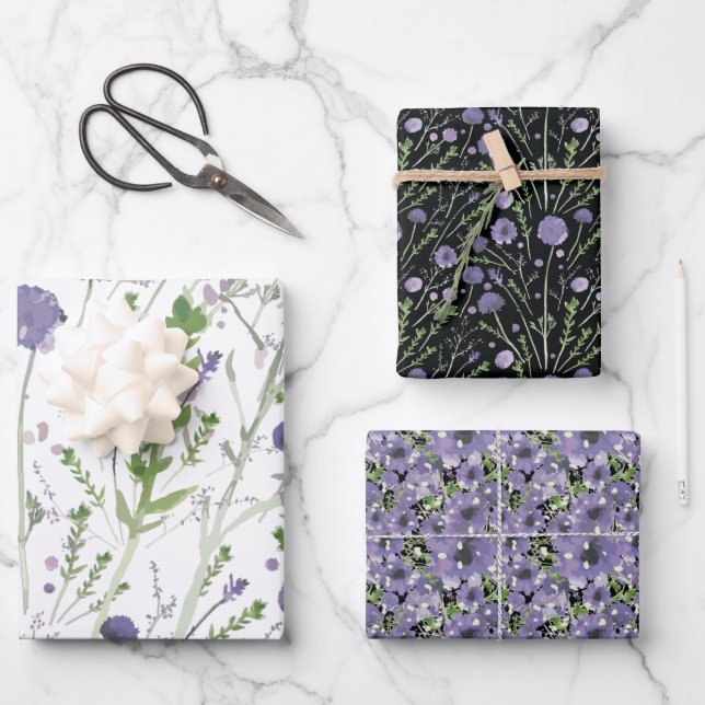 Elegantes Lila Schwarz-Blütenmuster Geschenkpapier Set (Vorderseite)