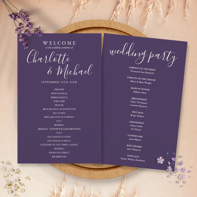 Elegantes Lila-Signature-Script-Hochzeitsprogramm (Von Creator hochgeladen)
