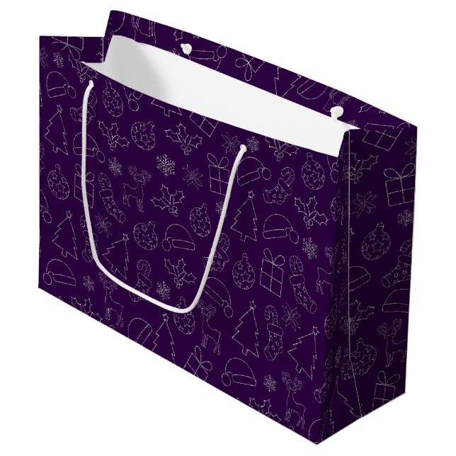 Elegantes Lila & Silver Glitzer Weihnachtsmuster Große Geschenktüte (Vorderseite Schrägansicht)