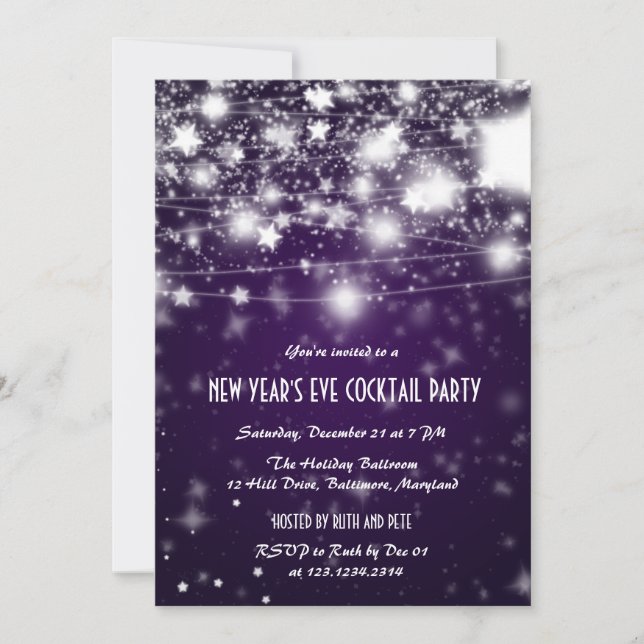 Elegantes Lila Silvester-Party Shining Stars Einladung (Vorderseite)