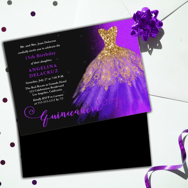 Elegantes Lila Spanisches Gown Quinceañera Einladung (Von Creator hochgeladen)
