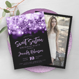 Elegantes Lila Sparkle Lights Foto Sweet 16 Einladung