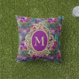 Elegantes lila tealfarbenes Pfauen-Blumen- Gold-Mo Kissen
