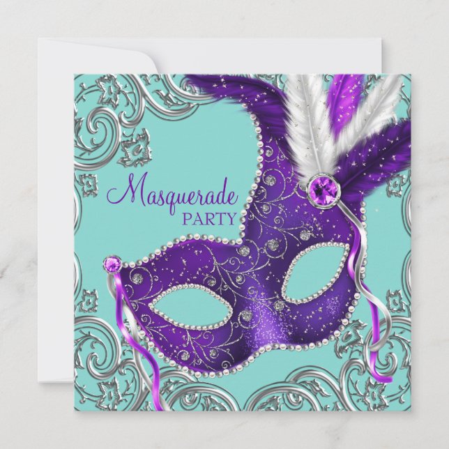 Elegantes Lila und Aquamarines Blue Masquerade Par Einladung (Vorderseite)